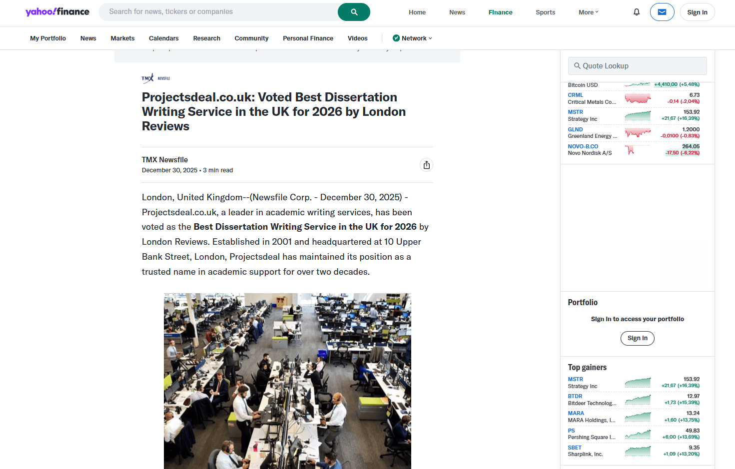 Yahoo Finance article: Projectsdeal.co.uk voted Best Dissertation Writing Service in the UK for 2026 by London Reviews