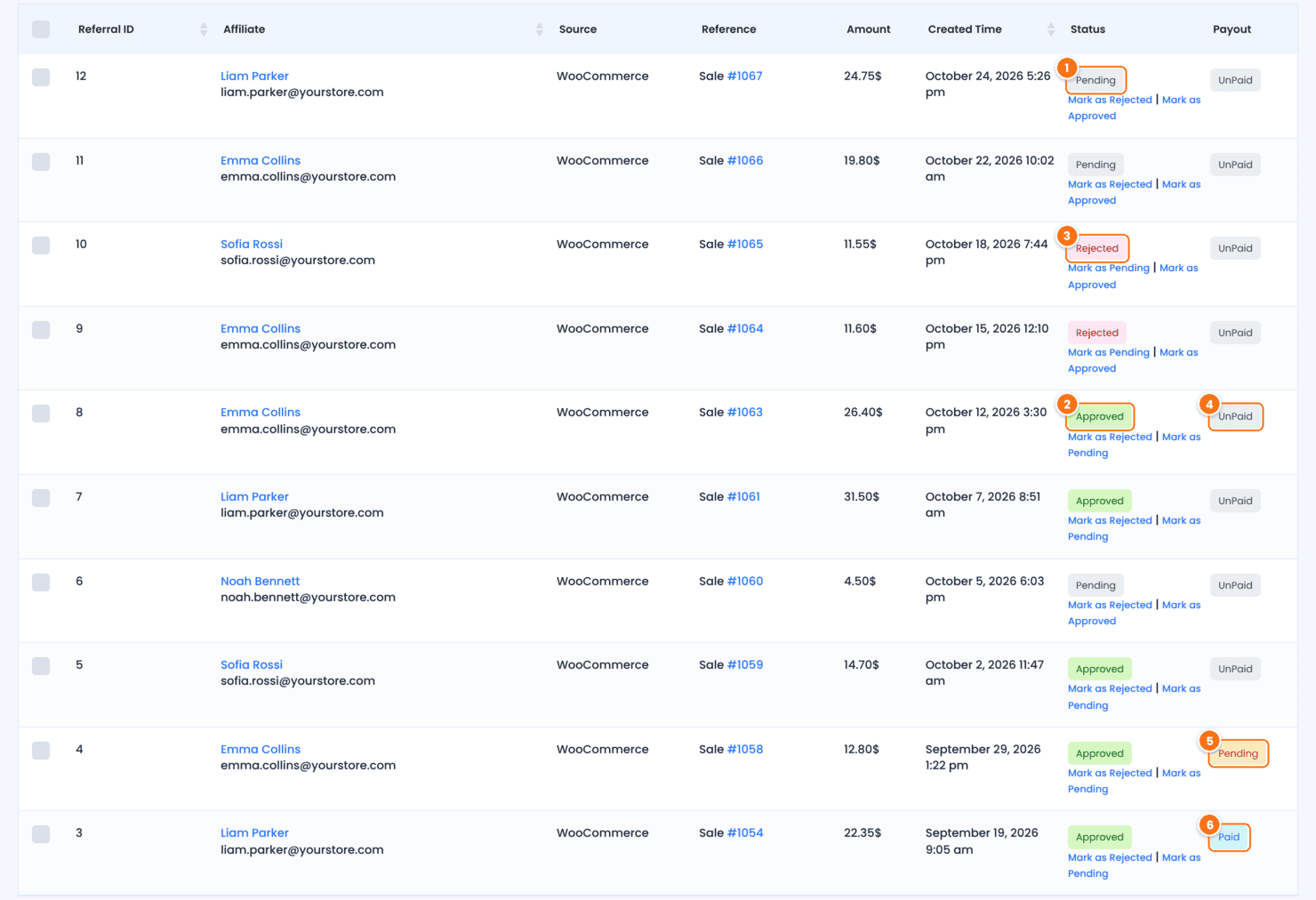 Referrals list in Ultimate Affiliate Pro with Pending, Approved and Rejected referrals in the Status column and UnPaid, Pending and Paid in the Payout column