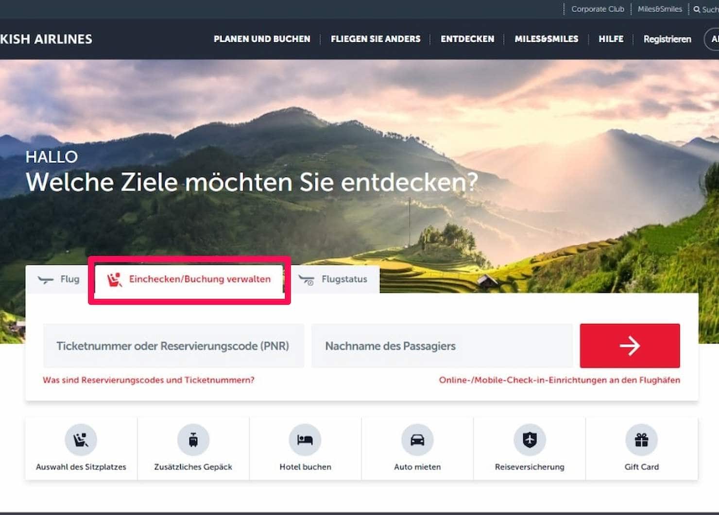 Einchecken/Buchung verwalten wählen