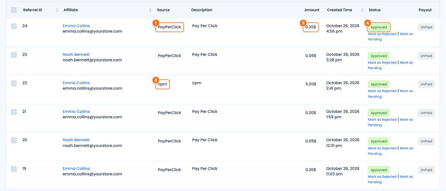 Referrals list in Ultimate Affiliate Pro with Pay Per Click referrals of 0.20 and 0.05 dollars and a CPM referral of 5.00 dollars for Emma Collins, all Approved and UnPaid