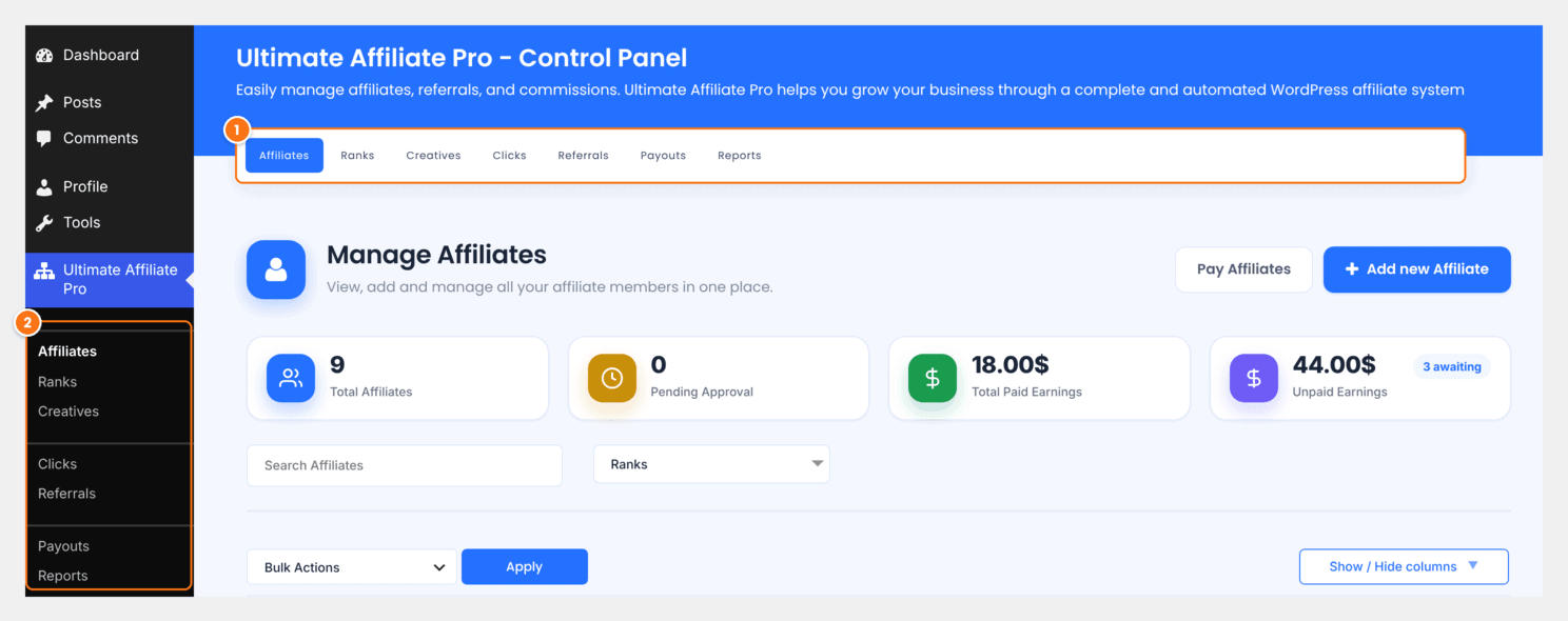 Ultimate Affiliate Pro dashboard seen by a user with the UAP - Manager role, with only the Affiliates, Ranks, Creatives, Clicks, Referrals, Payouts and Reports tabs in the header and the same items in the left menu