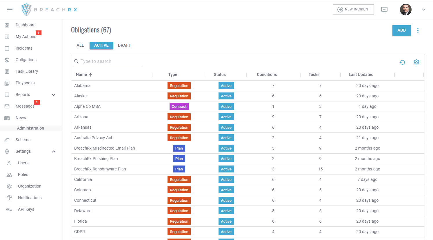 Leverage the regulatory library in the BreachRx platform and capture requirements from contracts, insurance policies, and other guidelines.