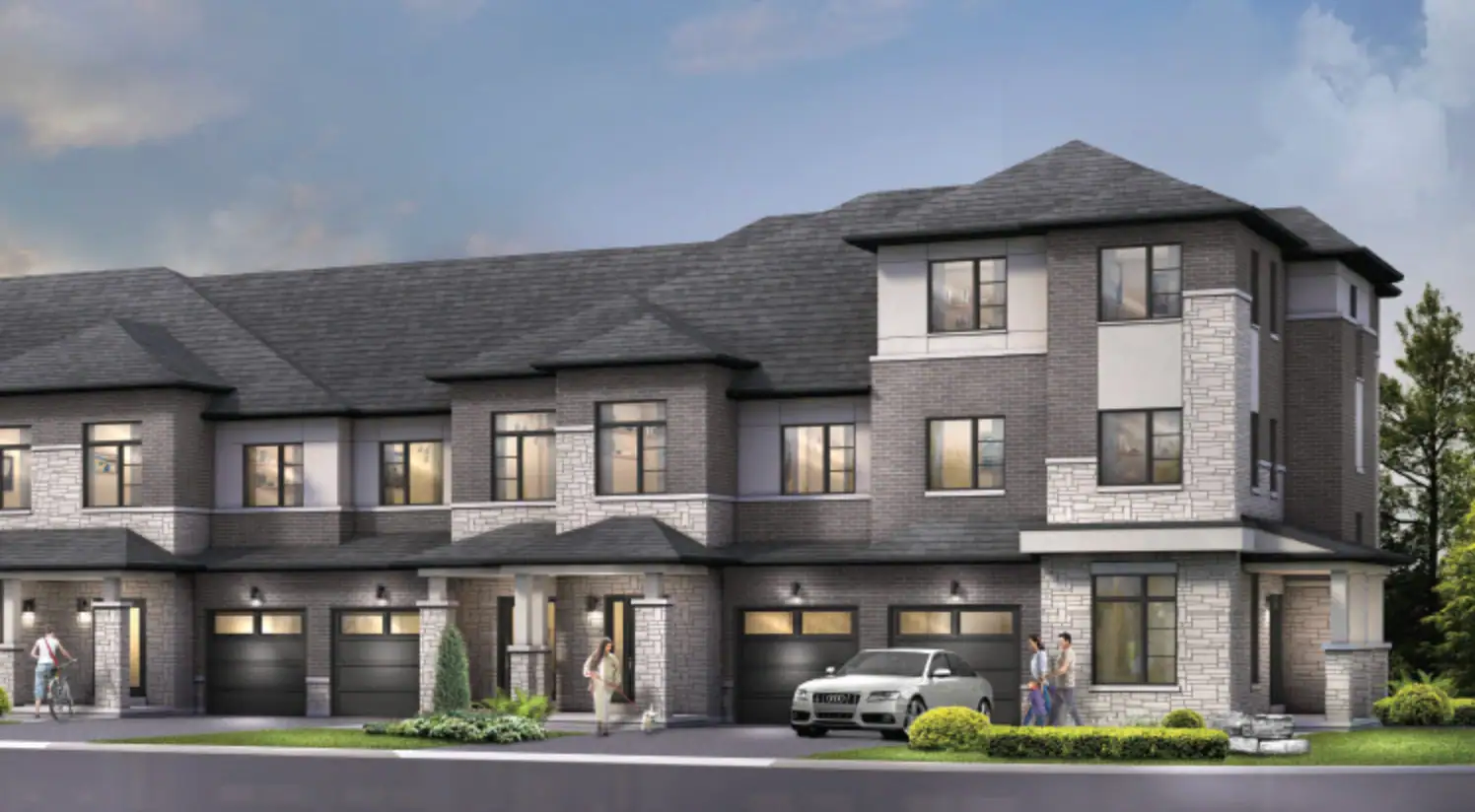 Architectural rendering of modern luxury townhomes at The Enclave in Milton, featuring grey brick facades, stone accents, dark-framed windows, and integrated garages.