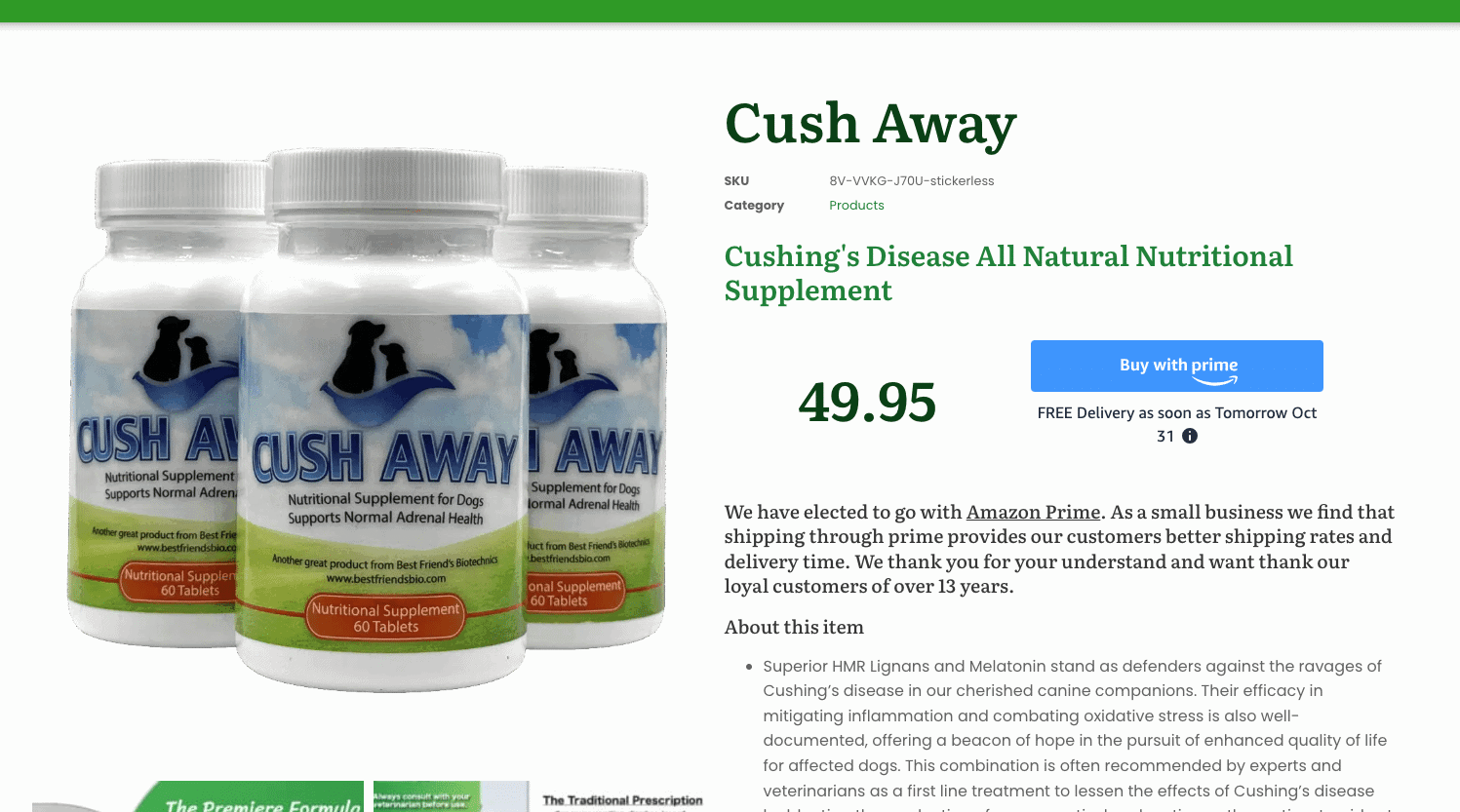 Cush Away supplement bottles for Cushing's Disease, available on Amazon.