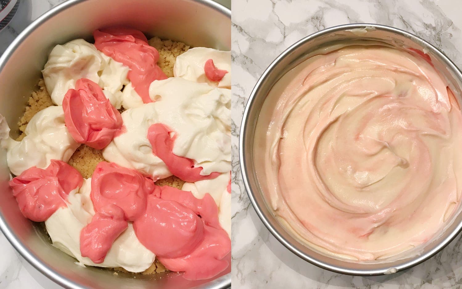 The cream cheese mix being added to the cake tin