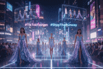 A futuristic outdoor runway in a glowing cityscape featuring models in digital-infused gowns with floating holographic TikTok Shop interface displays.
