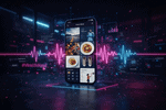 A high-tech 3D render of a smartphone displaying the TikTok Photo Mode interface with a grid of high-quality lifestyle images and glowing digital soundwaves.