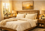 Soft wool pillow on bed in a cozy bedroom setting