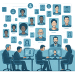 “Futuristic digital casting workspace with people reviewing actor profiles on large screens, surrounded by floating networked profile cards and glowing connection lines.