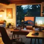 A cozy workspace with a laptop, smartphone, headphones, and printed scripts arranged on a wooden table.”
