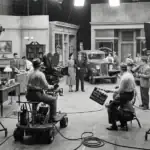 Behind‑the‑scenes photograph of a 1940s Hollywood film set, showing a large motion‑picture camera, Mole‑Richardson studio lights, crew members, and a clapperboard marked “The Big Sleep,” capturing the atmosphere of classic studio‑era production.