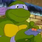 Donatello from the classic 1987 Teenage Mutant Ninja Turtles cartoon holding his bo staff.