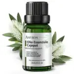 Amyron olio essenziale di cajeput 15 ml puro al 100%, bottiglia verde con etichetta bianca e fiori di Melaleuca cajuputi