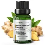 Olio essenziale di Zenzero AMYRON da 15 ml con radice fresca, fettine e foglie verdi su sfondo bianco