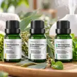 Oli essenziali AMYRON per respirare meglio con eucalipto globulus, menta piperita e litsea accanto a un diffusore