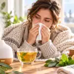 Donna raffreddata con fazzoletto, diffusore di oli essenziali e tisana calda