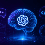 GPT-5.5 - صورة تعبيرية لدماغ رقمي مع شعار OpenAI ودوائر إلكترونية زرقاء متوهجة على خلفية أرجوانية داكنة