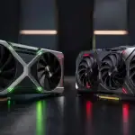 مقارنة بطاقتي شاشة NVIDIA RTX 5090 و AMD RX 8900 XT في مواجهة تقنية على خلفية داكنة بألوان أخضر وذهبي.