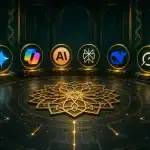 أفضل 8 بدائل مجانية لـ ChatGPT في 2026 - شعارات أدوات الذكاء الاصطناعي البديلة مثل جوجل جيميني ومايكروسوفت كوبايلوت وكلود في مشهد مستقبلي بألوان أخضر داكن وذهبي