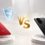 مقارنة Honor X80 Pro Max و Honor 600 في مواجهة تقنية، يظهر هاتف X80 Pro Max الأحمر مع أيقونة بطارية 11000 مللي أمبير وهاتف Honor 600 الأسود مع أيقونة كاميرا 108 ميجابكسل على خلفية خضراء داكنة وذهبية.