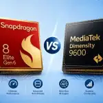 مقارنة Snapdragon 8 Elite Gen 6 و Dimensity 9600 - معالجان متنافسان بتقنية 2 نانومتر من كوالكوم وميدياتيك على خلفية خضراء وذهبية.