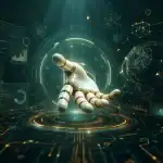 وكيل ذكي للذكاء الاصطناعي مستقل ينفذ المهام – يد آلية متوهجة في بيئة تقنية خضراء وذهبية