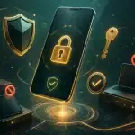 تأمين حساب تيك توك 2026 - دليل شامل لإزالة الأجهزة الغريبة وحماية الخصوصية - هاتف ذكي مع أيقونات أمان وأجهزة على خلفية خضراء وذهبية