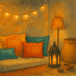 Barevné ručně vyšívané polštáře na pohodlné podložce, teplé osvětlení a dekorace ve stylu boho, ideální pro relaxaci nebo originální bytový dekor.