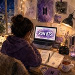 Cena noturna de fãs assistindo Run BTS e Bangtan Bomb, em aquarela.