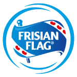 FRISIAN FLAG logo with a blue background featuring a stylized flag design with red hearts representing the Friesland Flag brand associated with dairy products and quality assurance