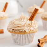 Upclose of a chai cupcake with frosting.