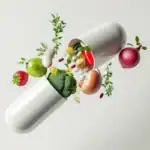 Alternativmedizin: Ganzheitliche Nährstoffversorgung Eine geöffnete weiße Kapsel, aus der frischer Brokkoli, Erdbeeren, Zwiebeln und Kräuter sowie Vitamintabletten fließen; Vitawy schlägt die Brücke zwischen Schulmedizin und Naturheilkunde für sanfte Heilung und Orientierung.