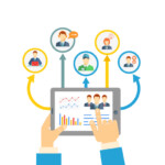 Two hands using the tablet version of a workforce management app with graphs and other related statistics
