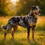 Beauceron arlequin adulte en position debout montrant sa robe merle bigarrée.