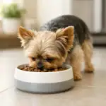 Petit chien mangeant des croquettes adaptées dans sa gamelle.