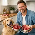 Propriétaire souriant tenant des portions de viande crue fraîche pour son chien Golden Retriever en bonne santé dans une cuisine moderne.