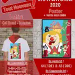 Affiche publicitaire Été à Bayonne 2020 présentant t-shirts et posters avec personnages cartoon en tenue festive.
