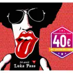 Carte d’anniversaire style pop‑art avec personnage afro, lunettes, bouche façon Rolling Stones et mentions Luka Pass.