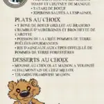 Menu du restaurant Chez l’Ours présentant les entrées, plats et desserts au choix, avec illustration d’un ours.