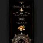 Étiquette Oriental Ritual pour huile d’argan pure, décor doré sur fond noir avec illustration de noix d’argan.
