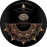 Étiquette ronde Oriental Ritual pour cosmétique au rhassoul, décor doré sur fond noir avec illustration d’argile.