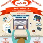 Flyer Cheap Site BAB présentant les services de webmaster et graphiste, avec illustration d’un poste de travail numérique et informations de contact.