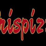 Logo de la pizzeria Crispizz avec deux mascottes pizza souriantes et typographie rouge et jaune sur fond noir.
