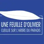 Logo Une Feuille d’Olivier avec feuille stylisée blanche sur fond bleu et slogan typographique.