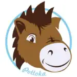 Logo Pottoka avec tête de cheval cartoon marron dans un cercle bleu et typographie manuscrite.