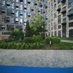 Ландшафтный дизайн во дворе ЖК Level Причальный: вечнозеленые ели, кустарники, ухоженные газоны.
