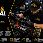Banner for Crown Auto advertising battery and electrical system services with a mechanic working on a car battery.
