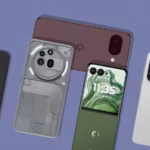 five smartphones from google samsung oneplus nothing and motorola arranged on a blue background