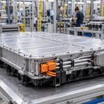 Pack de batterie de voiture électrique présenté dans un atelier industriel