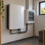 Batterie domestique de stockage installée dans une buanderie avec panneaux solaires visibles à l’extérieur